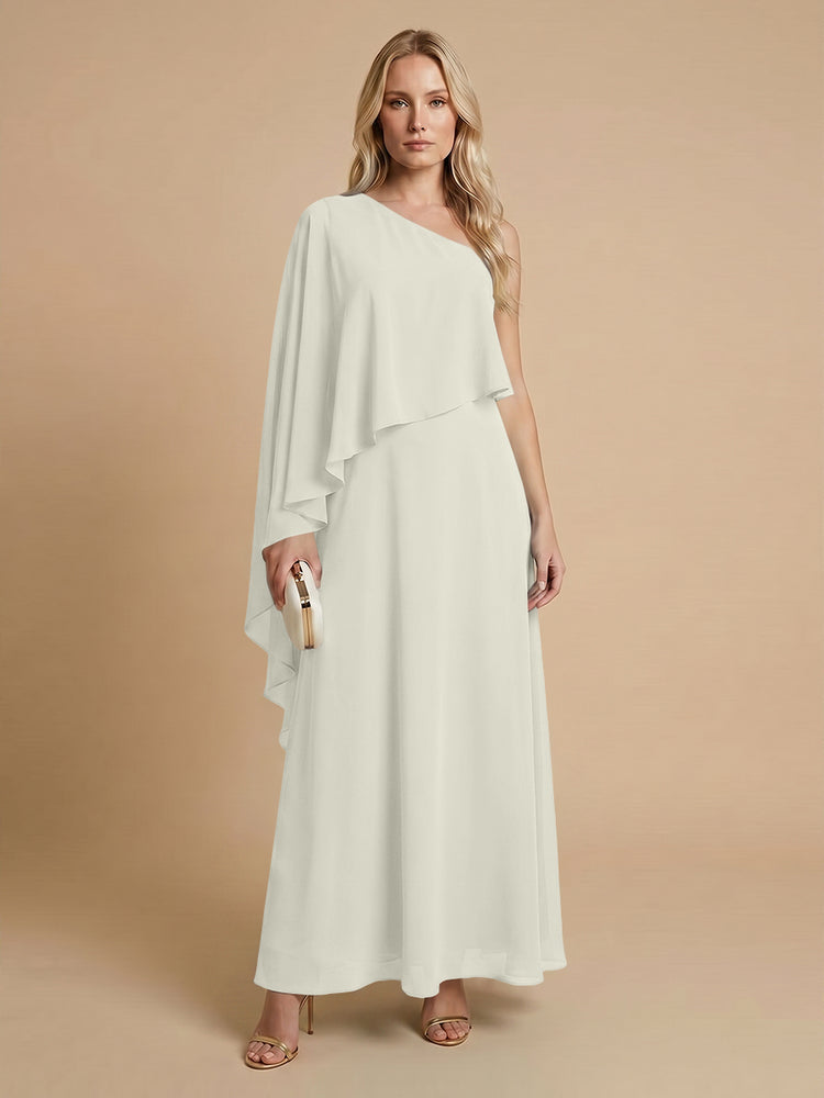 Chiffon A-Line One Shoulder Long Bridesmaid Dresses with Cape
