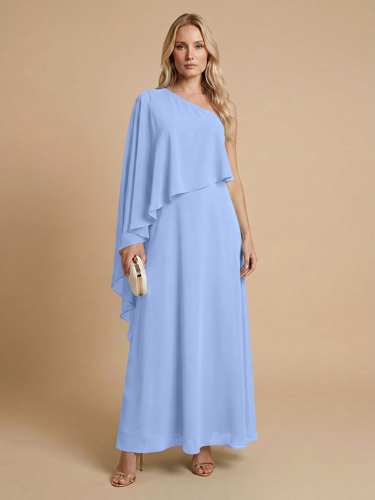 Chiffon A-Line One Shoulder Long Bridesmaid Dresses with Cape