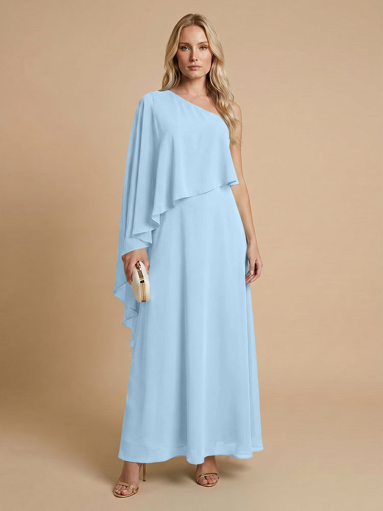 Chiffon A-Line One Shoulder Long Bridesmaid Dresses with Cape