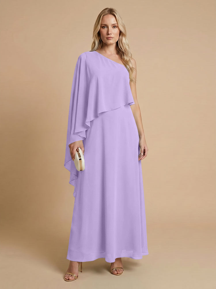 Chiffon A-Line One Shoulder Long Bridesmaid Dresses with Cape