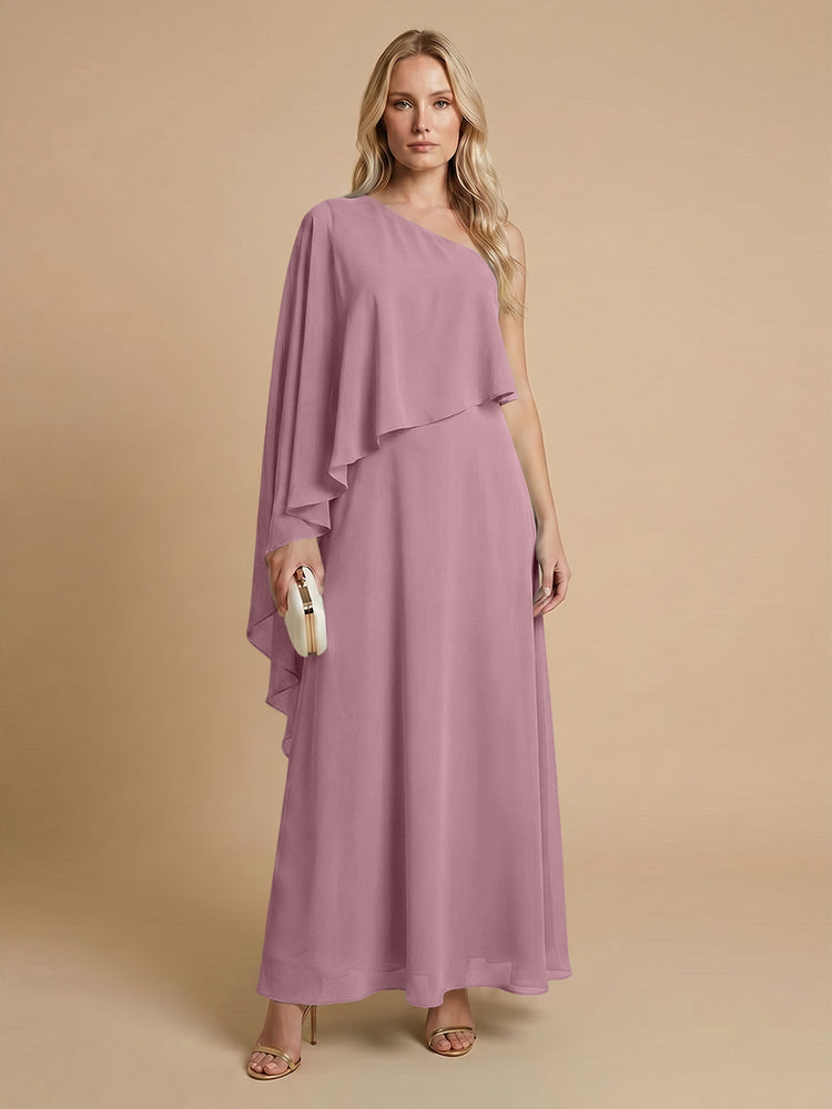 Chiffon A-Line One Shoulder Long Bridesmaid Dresses with Cape
