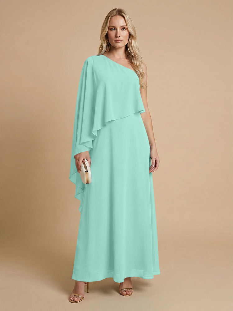 Chiffon A-Line One Shoulder Long Bridesmaid Dresses with Cape
