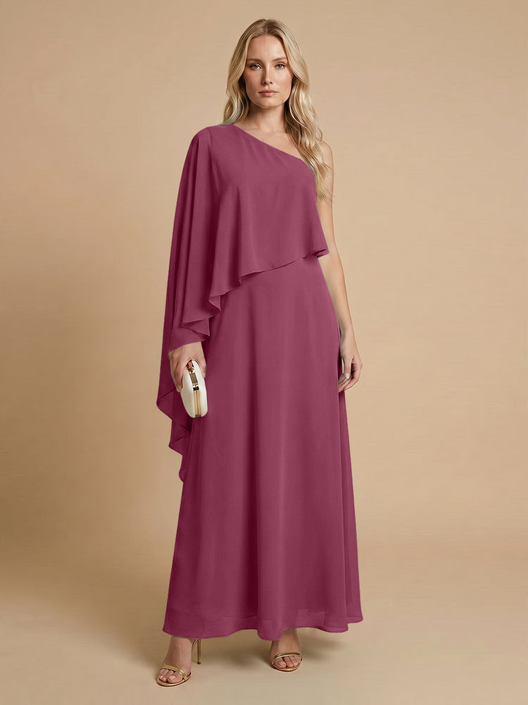 Chiffon A-Line One Shoulder Long Bridesmaid Dresses with Cape
