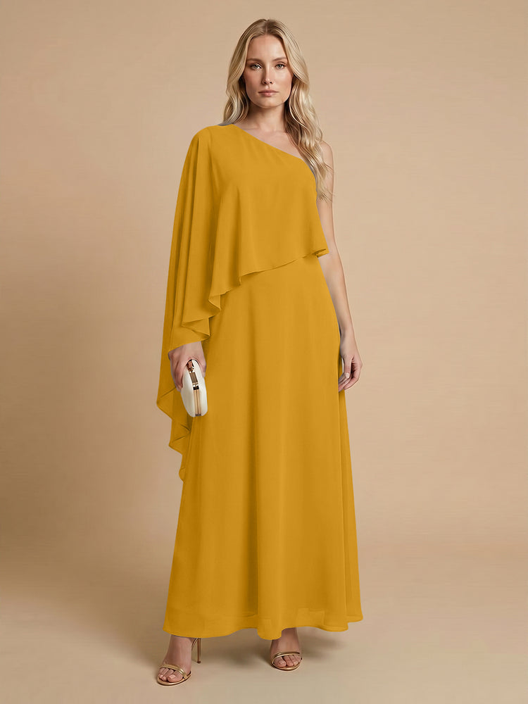 Chiffon A-Line One Shoulder Long Bridesmaid Dresses with Cape