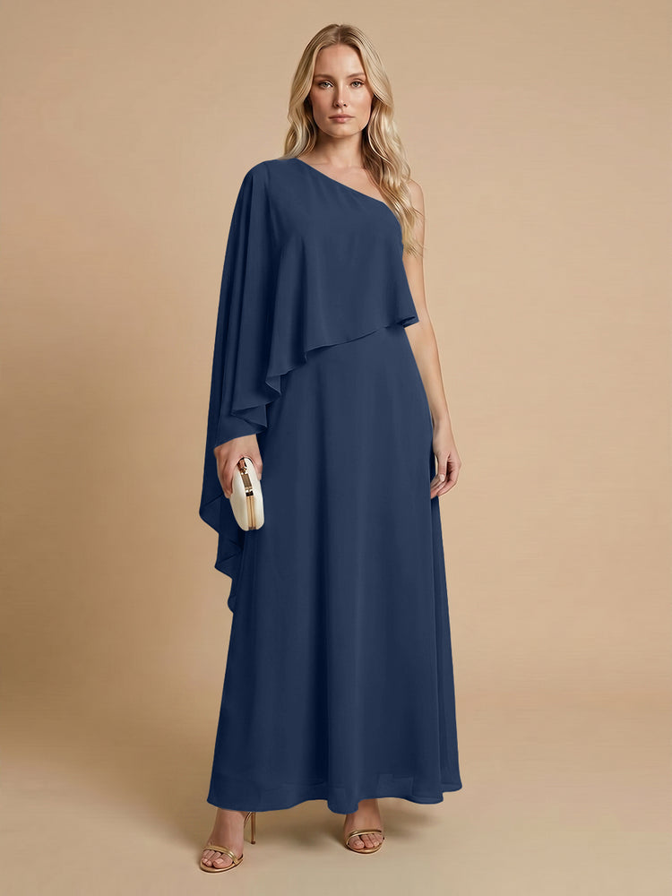 Chiffon A-Line One Shoulder Long Bridesmaid Dresses with Cape