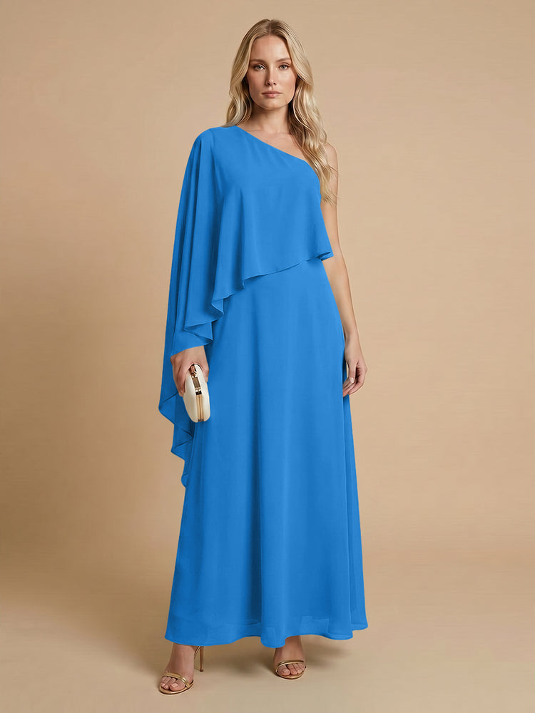 Chiffon A-Line One Shoulder Long Bridesmaid Dresses with Cape