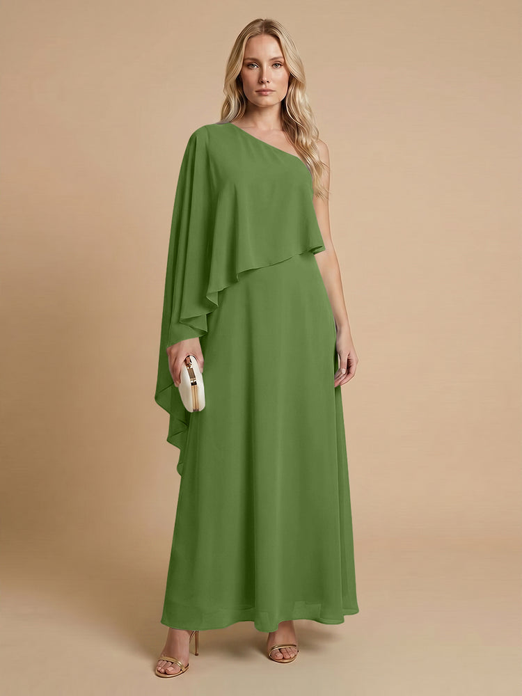 Chiffon A-Line One Shoulder Long Bridesmaid Dresses with Cape