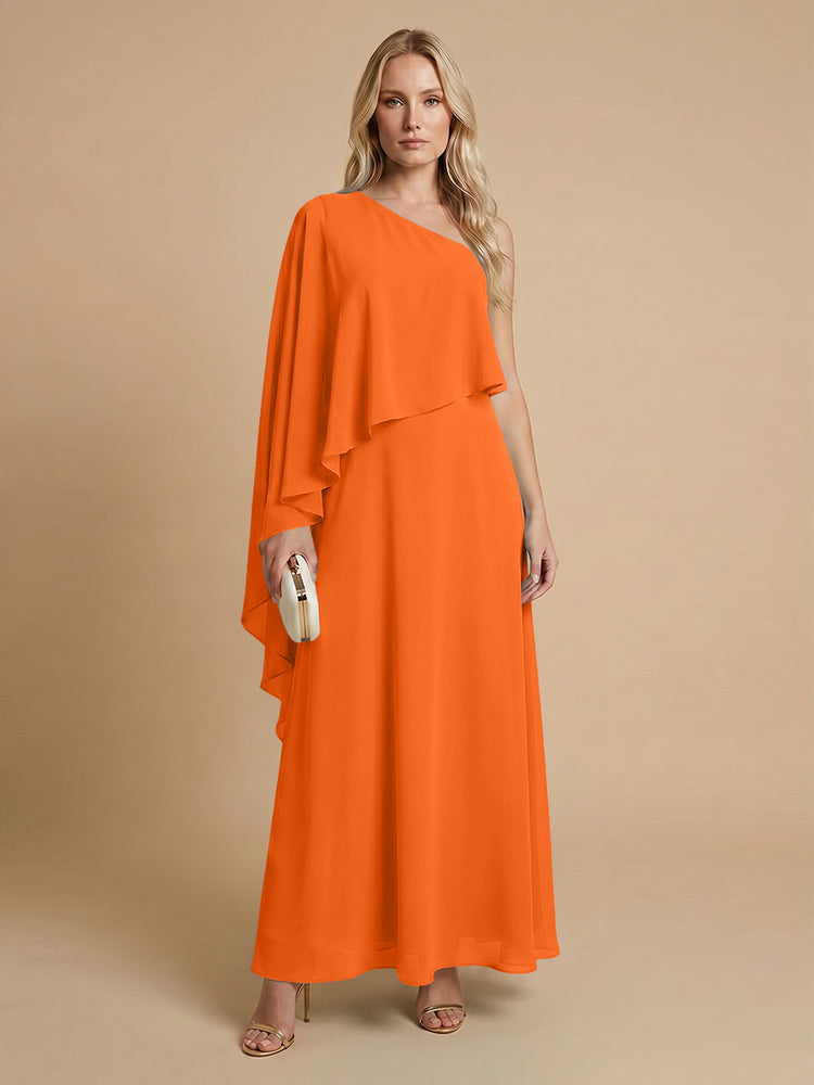 Chiffon A-Line One Shoulder Long Bridesmaid Dresses with Cape