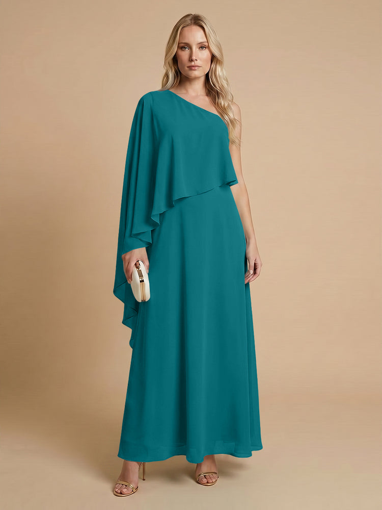 Chiffon A-Line One Shoulder Long Bridesmaid Dresses with Cape