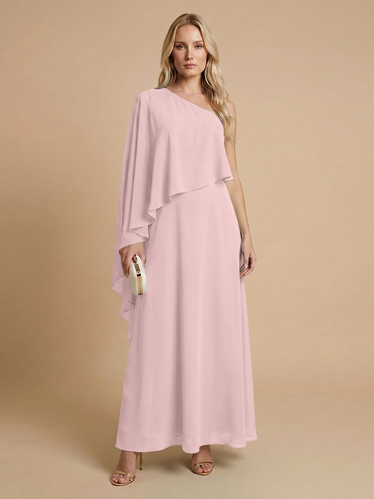 Chiffon A-Line One Shoulder Long Bridesmaid Dresses with Cape