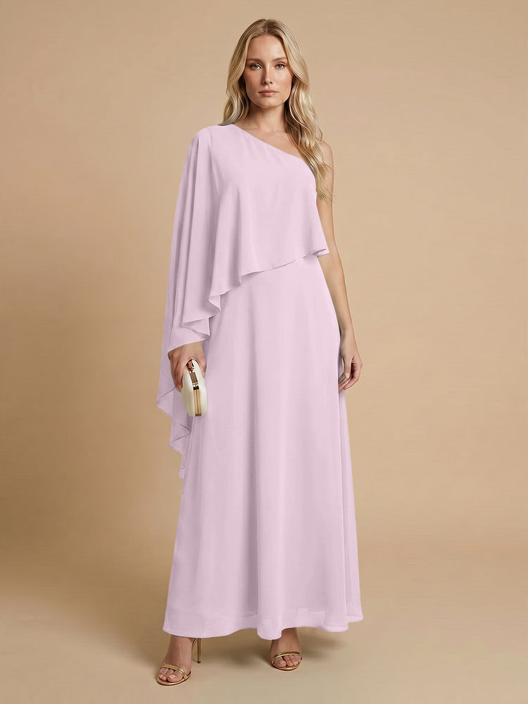 Chiffon A-Line One Shoulder Long Bridesmaid Dresses with Cape