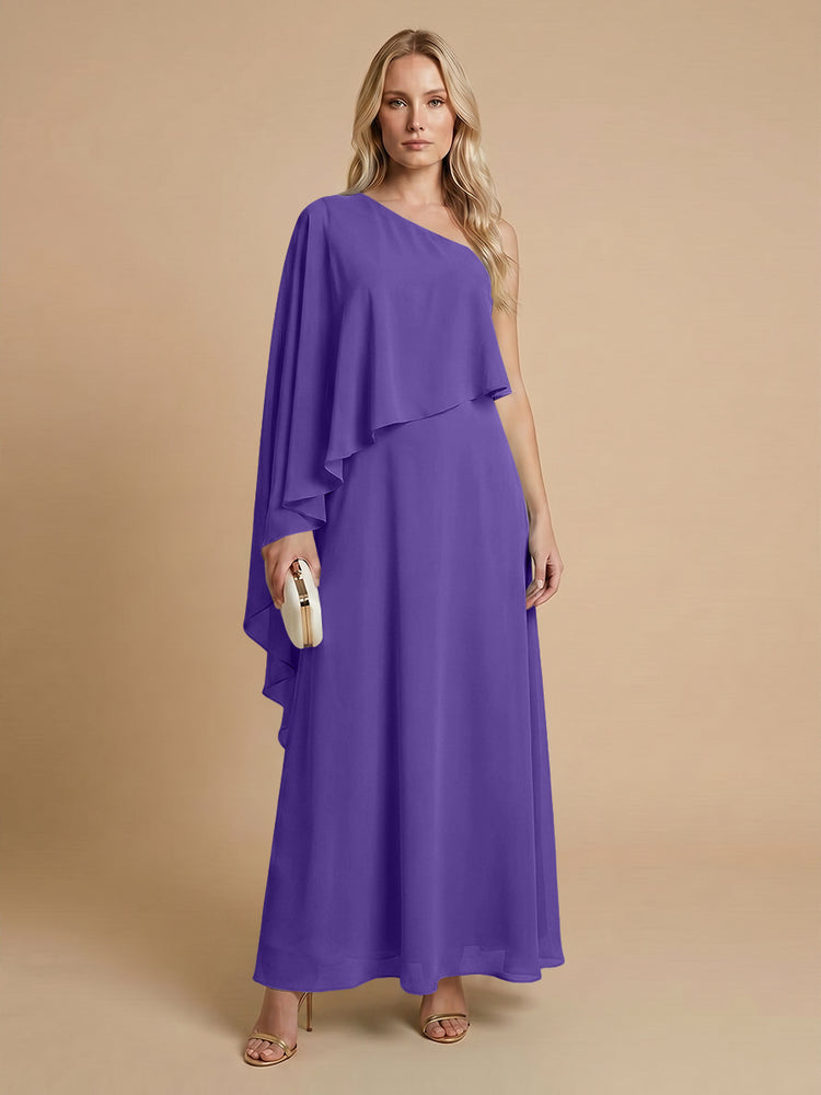 Chiffon A-Line One Shoulder Long Bridesmaid Dresses with Cape