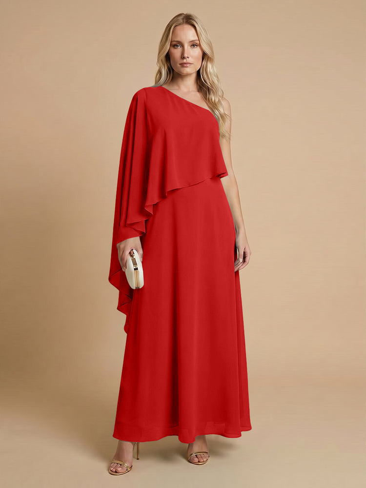 Chiffon A-Line One Shoulder Long Bridesmaid Dresses with Cape