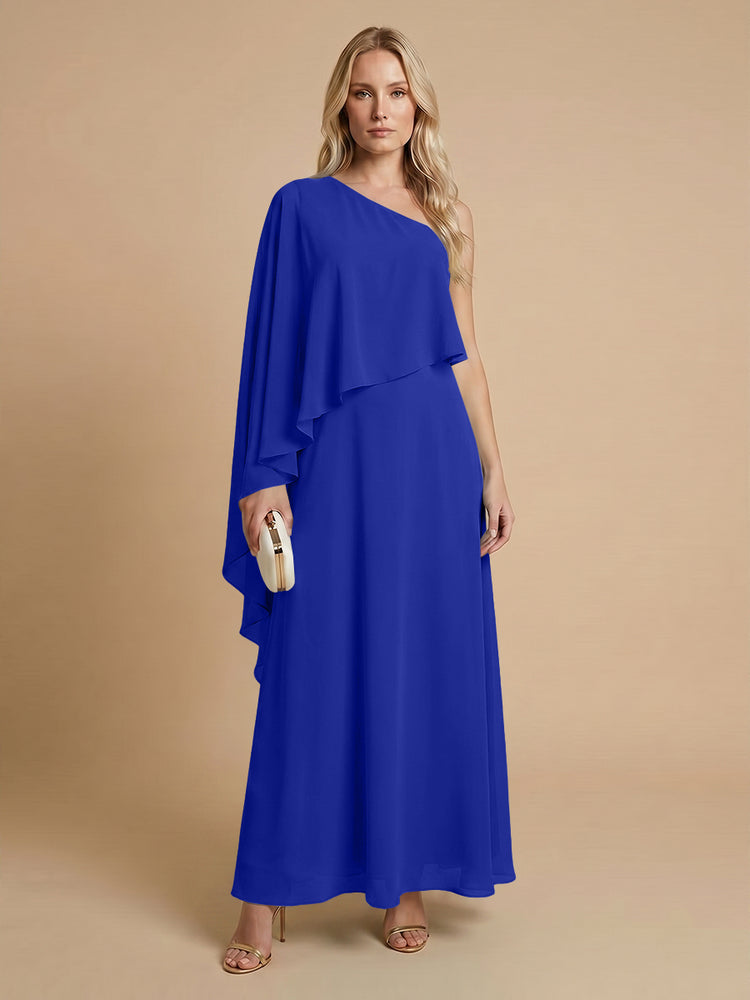 Chiffon A-Line One Shoulder Long Bridesmaid Dresses with Cape