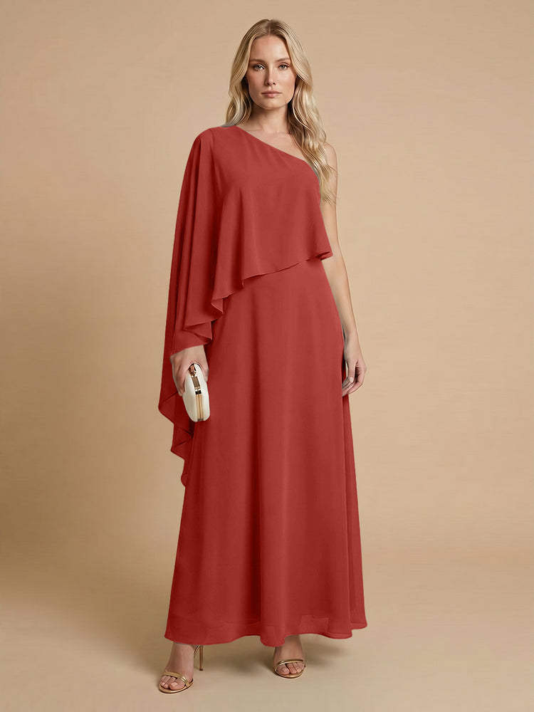 Chiffon A-Line One Shoulder Long Bridesmaid Dresses with Cape