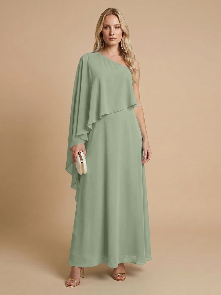 Chiffon A-Line One Shoulder Long Bridesmaid Dresses with Cape