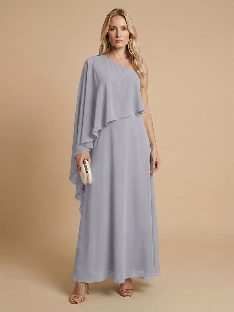 Chiffon A-Line One Shoulder Long Bridesmaid Dresses with Cape