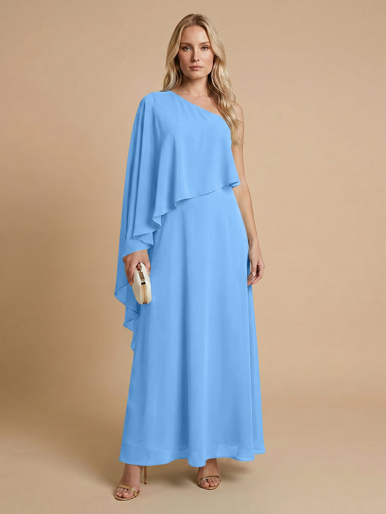 Chiffon A-Line One Shoulder Long Bridesmaid Dresses with Cape