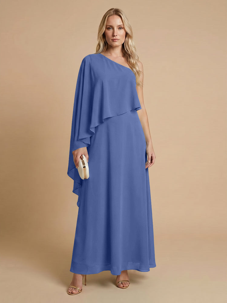 Chiffon A-Line One Shoulder Long Bridesmaid Dresses with Cape