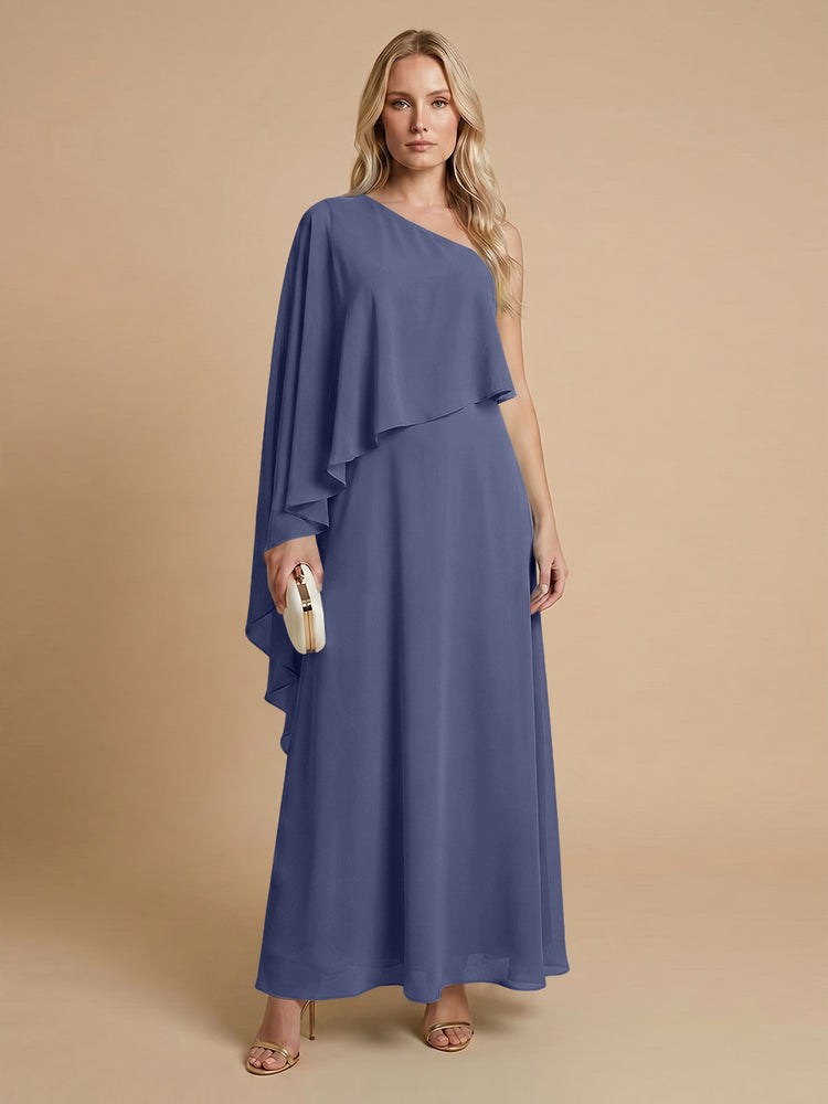 Chiffon A-Line One Shoulder Long Bridesmaid Dresses with Cape