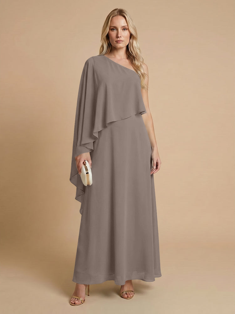 Chiffon A-Line One Shoulder Long Bridesmaid Dresses with Cape