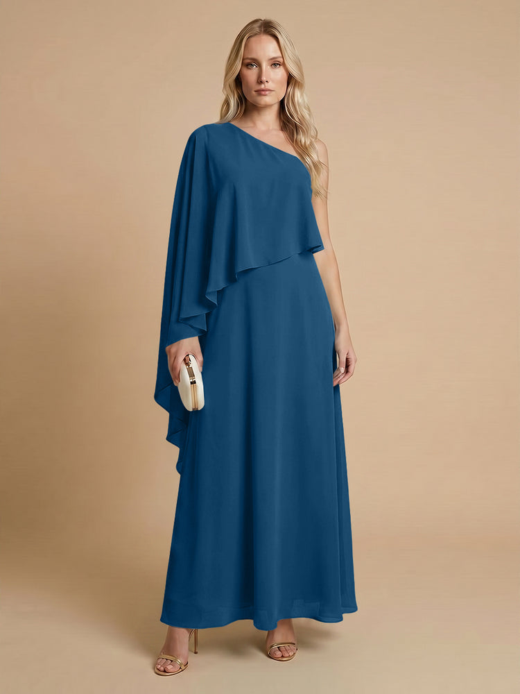 Chiffon A-Line One Shoulder Long Bridesmaid Dresses with Cape