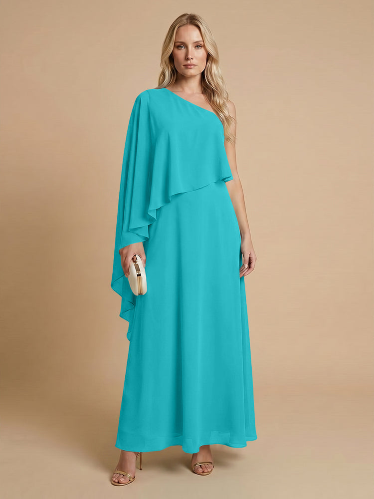 Chiffon A-Line One Shoulder Long Bridesmaid Dresses with Cape