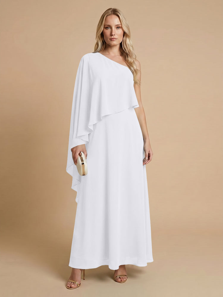 Chiffon A-Line One Shoulder Long Bridesmaid Dresses with Cape