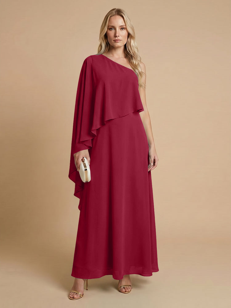 Chiffon A-Line One Shoulder Long Bridesmaid Dresses with Cape