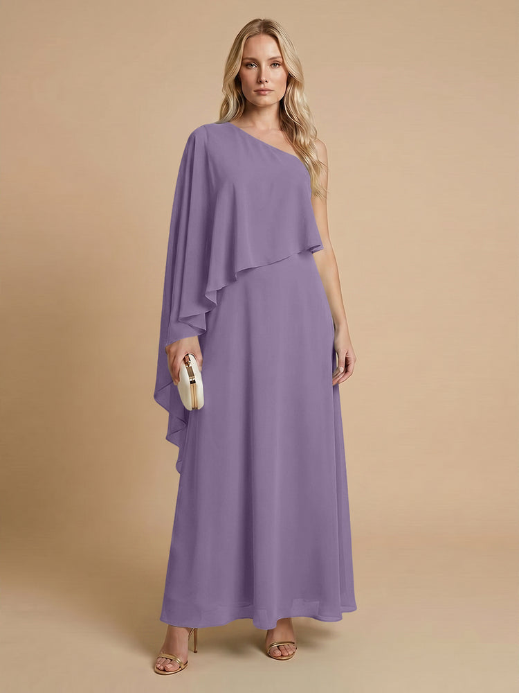 Chiffon A-Line One Shoulder Long Bridesmaid Dresses with Cape