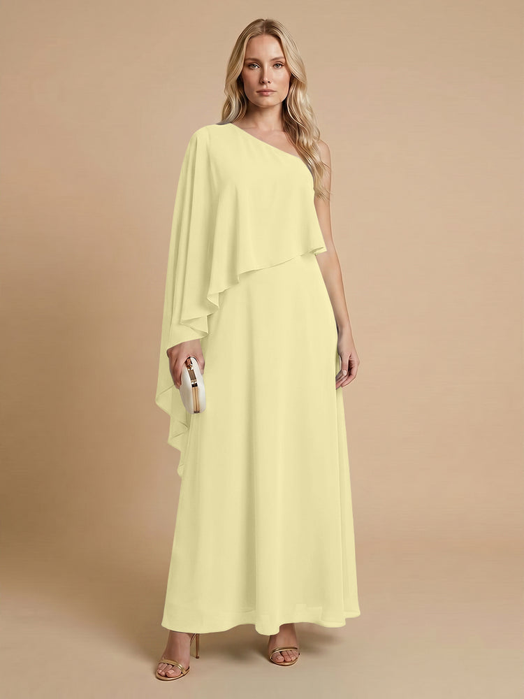 Chiffon A-Line One Shoulder Long Bridesmaid Dresses with Cape