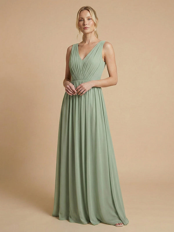 Chiffon A-Line V Neck Long Bridesmaid Dresses with Pleats