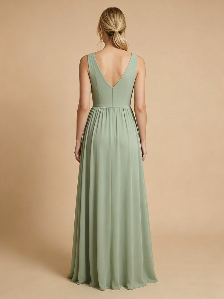 Chiffon A-Line V Neck Long Bridesmaid Dresses with Pleats