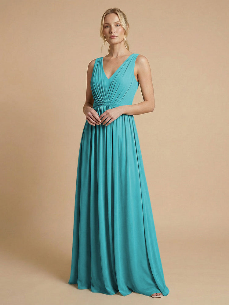 Chiffon A-Line V Neck Long Bridesmaid Dresses with Pleats