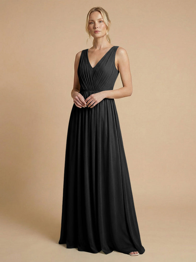 Chiffon A-Line V Neck Long Bridesmaid Dresses with Pleats