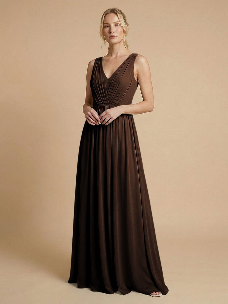 Chiffon A-Line V Neck Long Bridesmaid Dresses with Pleats