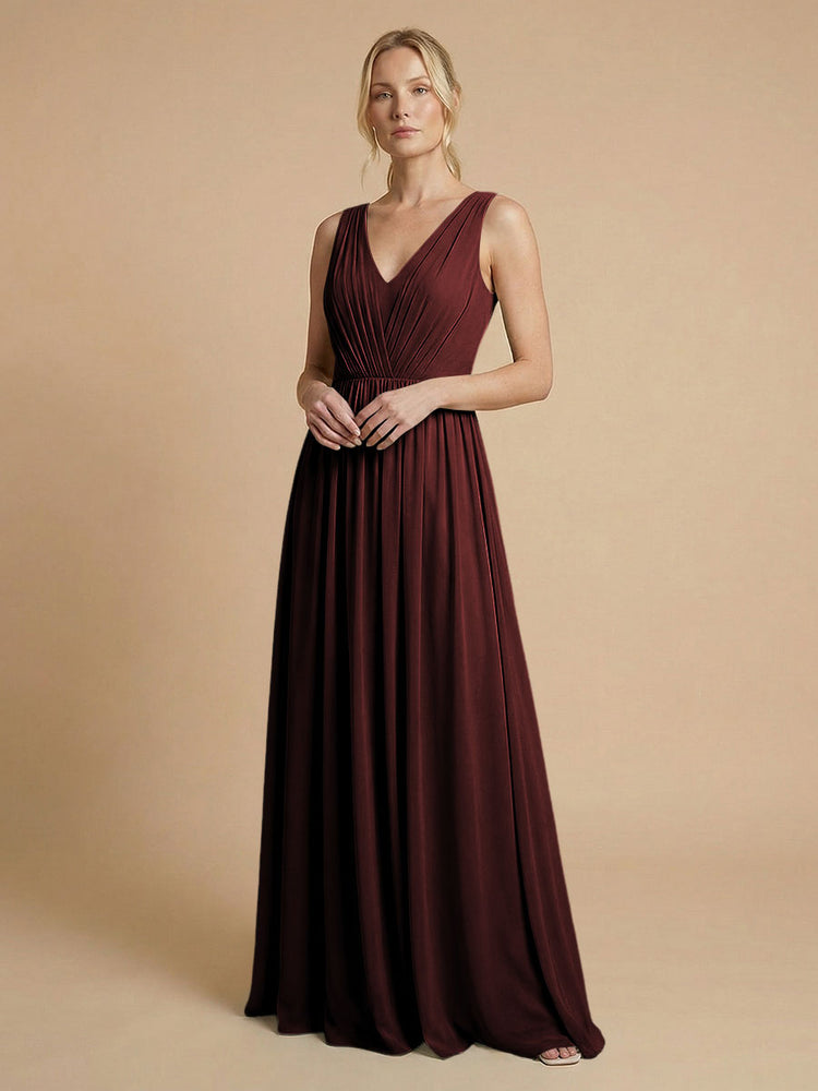 Chiffon A-Line V Neck Long Bridesmaid Dresses with Pleats