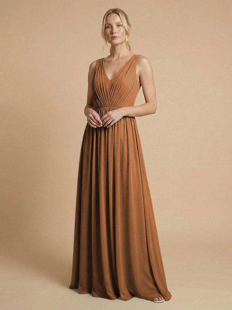 Chiffon A-Line V Neck Long Bridesmaid Dresses with Pleats