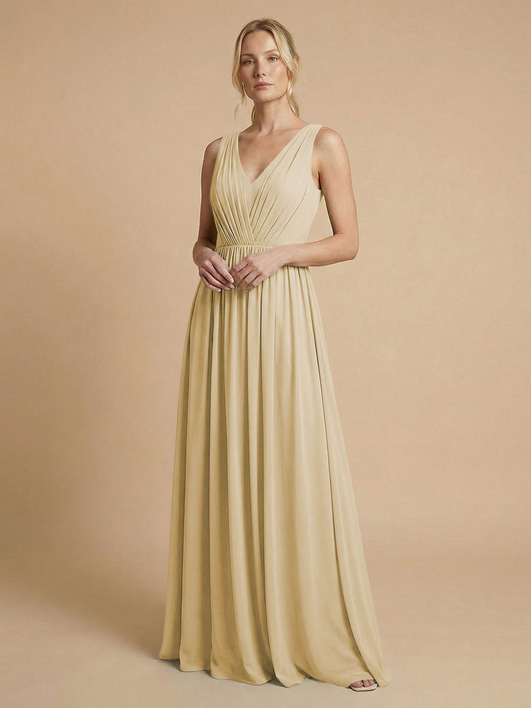 Chiffon A-Line V Neck Long Bridesmaid Dresses with Pleats
