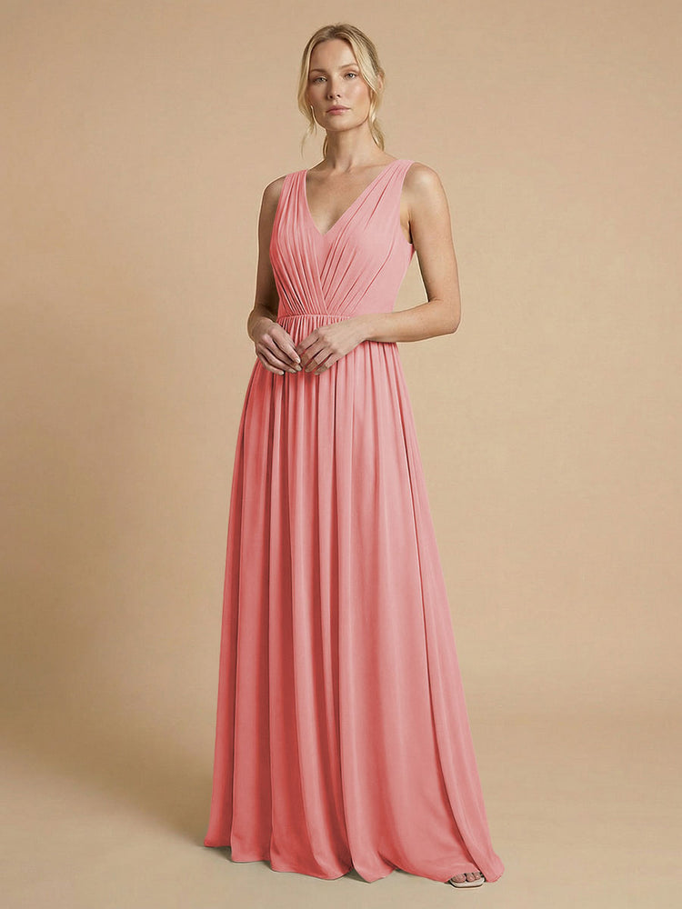 Chiffon A-Line V Neck Long Bridesmaid Dresses with Pleats