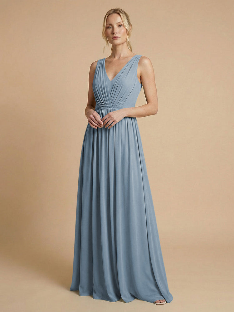 Chiffon A-Line V Neck Long Bridesmaid Dresses with Pleats