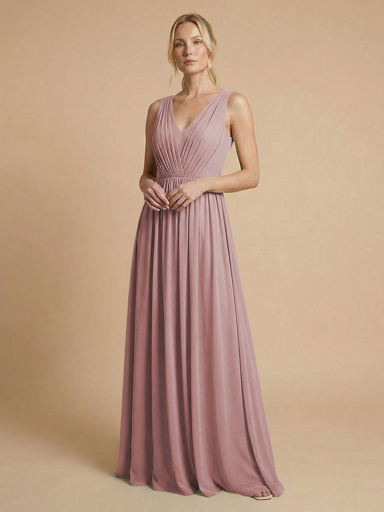 Chiffon A-Line V Neck Long Bridesmaid Dresses with Pleats