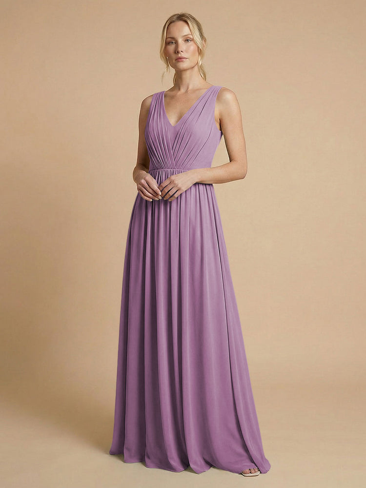 Chiffon A-Line V Neck Long Bridesmaid Dresses with Pleats