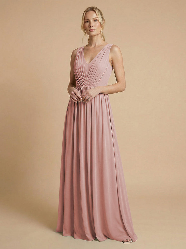 Chiffon A-Line V Neck Long Bridesmaid Dresses with Pleats
