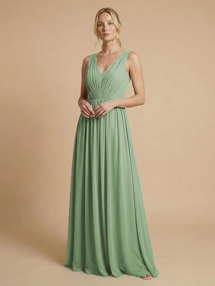 Chiffon A-Line V Neck Long Bridesmaid Dresses with Pleats