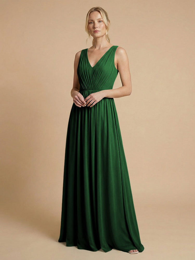 Chiffon A-Line V Neck Long Bridesmaid Dresses with Pleats