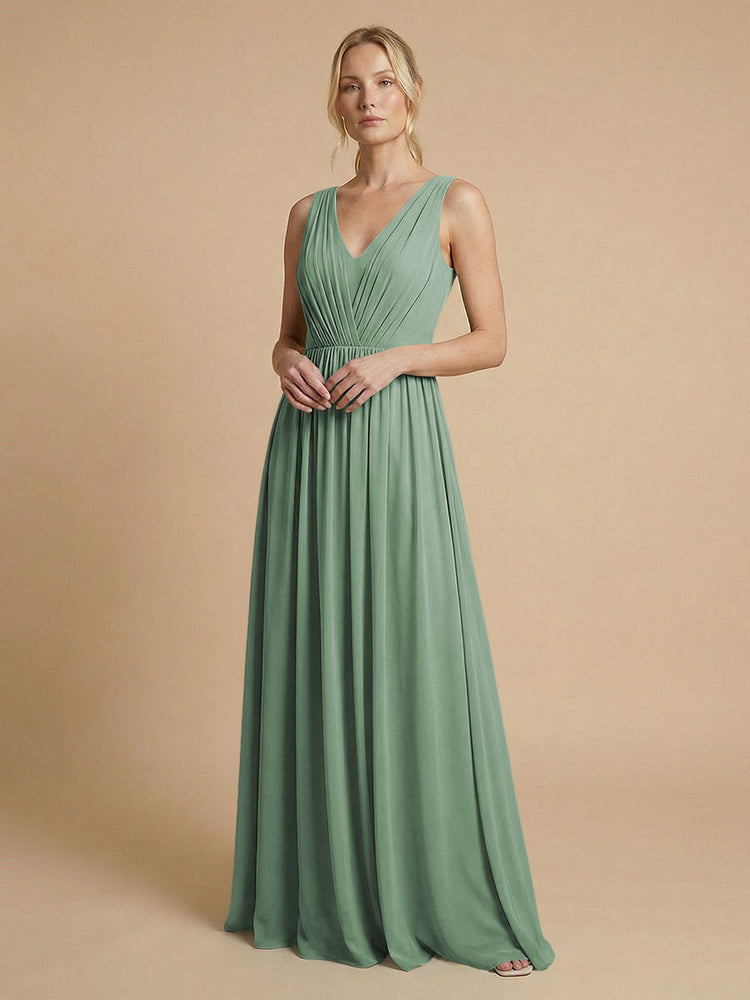 Chiffon A-Line V Neck Long Bridesmaid Dresses with Pleats