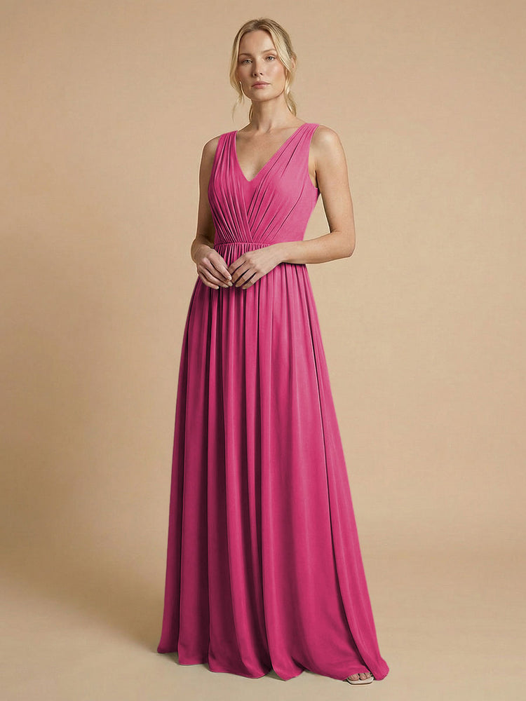 Chiffon A-Line V Neck Long Bridesmaid Dresses with Pleats