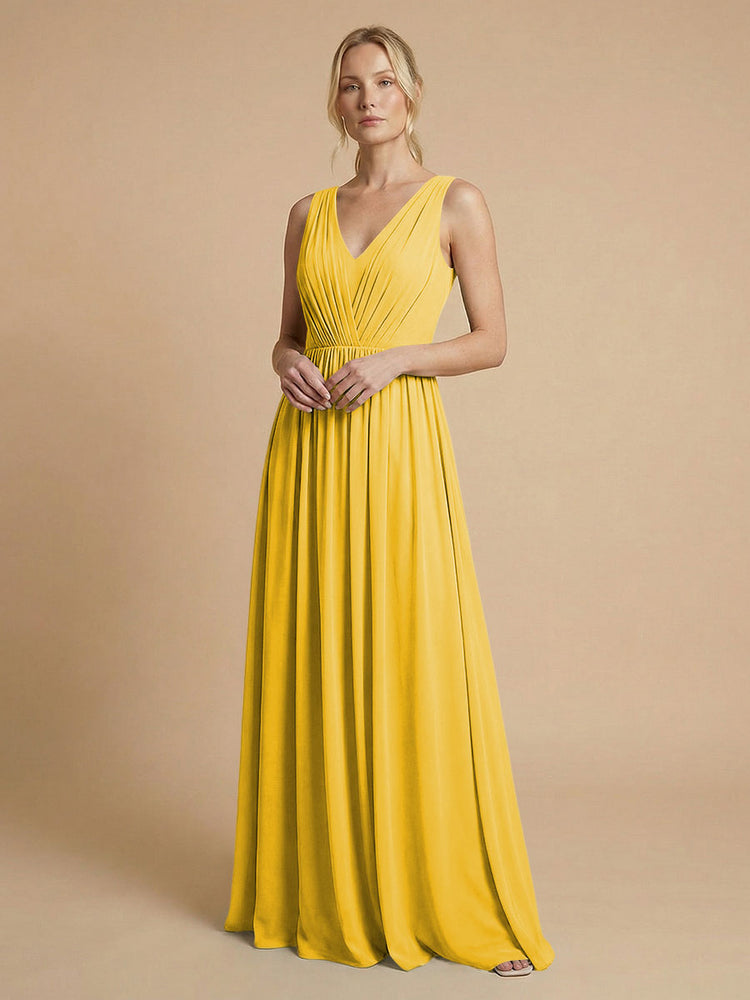 Chiffon A-Line V Neck Long Bridesmaid Dresses with Pleats