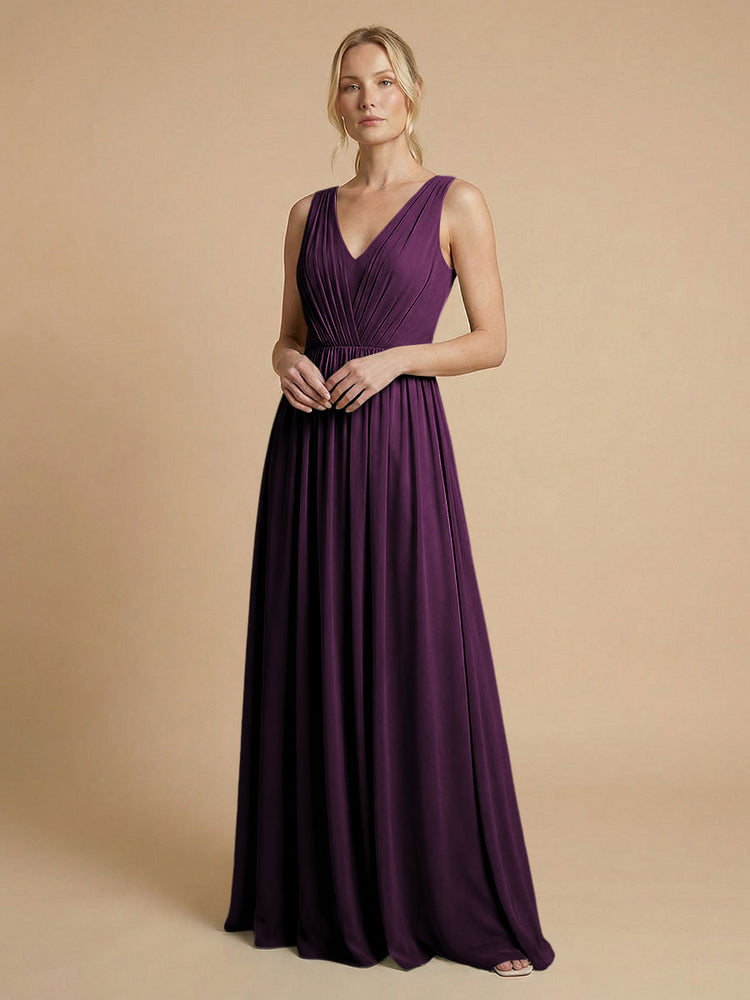 Chiffon A-Line V Neck Long Bridesmaid Dresses with Pleats